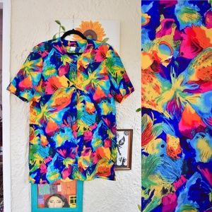 80s rainbow all over fish novelty print blouse (L)